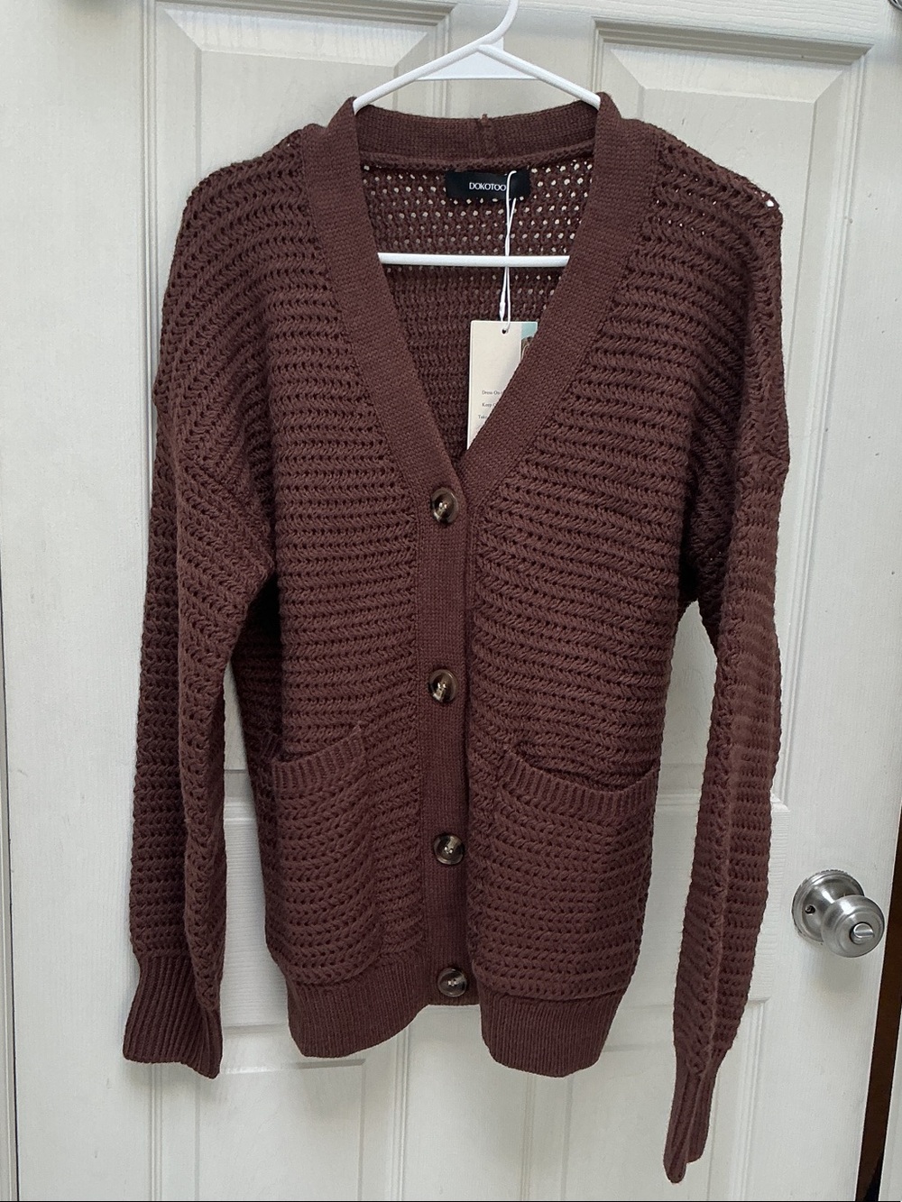 Chunky V-Neck Open-Knit Cardigan in Chocolate Brown